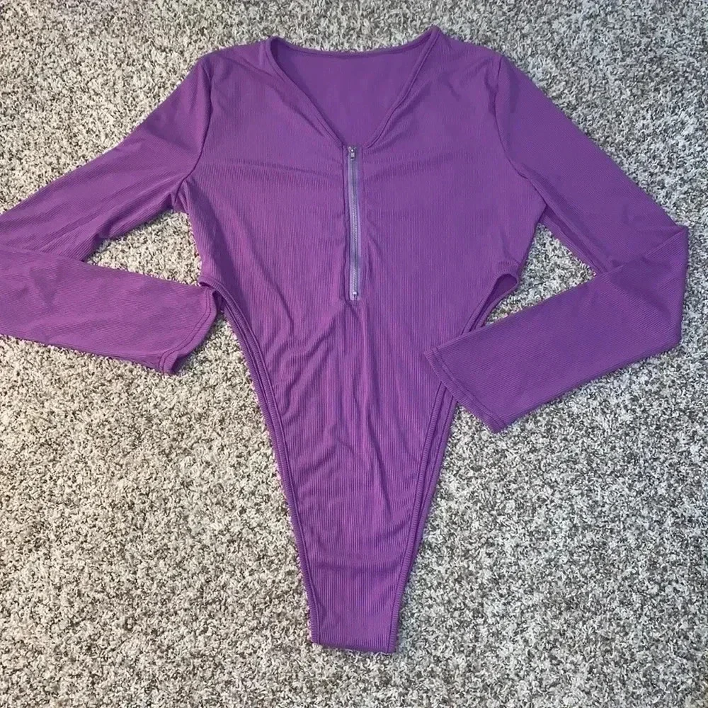 Women's U-neck Zipper Front Solid Color Long Sleeve Tops Bodysuit with …